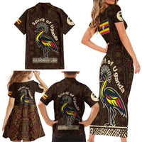 Uganda Family Matching Short Sleeve Bodycon Dress and Hawaiian Shirt with Grey Crowned Crane and Tribal Pattern Spirit of Uganda Theme