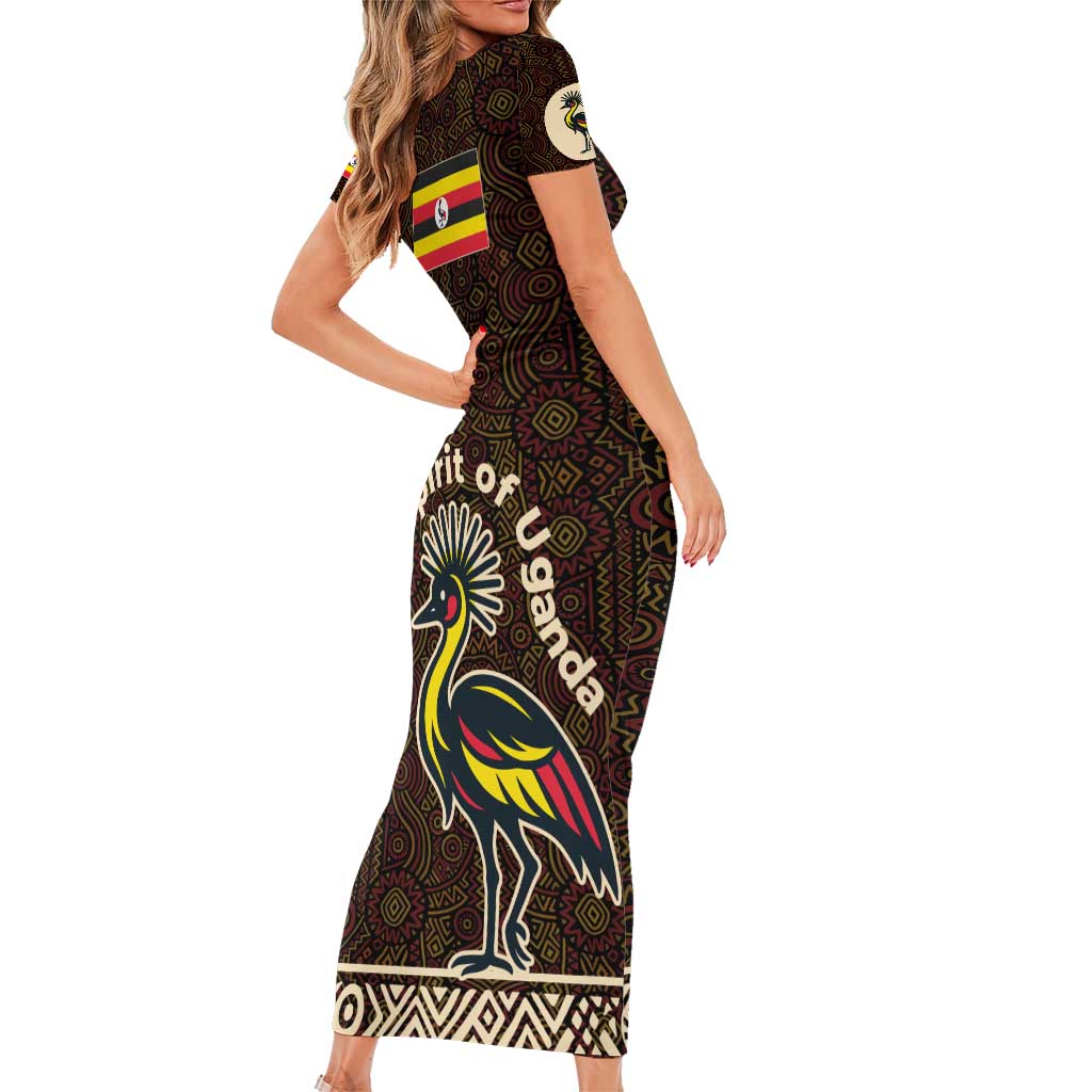 Uganda Family Matching Short Sleeve Bodycon Dress and Hawaiian Shirt with Grey Crowned Crane and Tribal Pattern Spirit of Uganda Theme