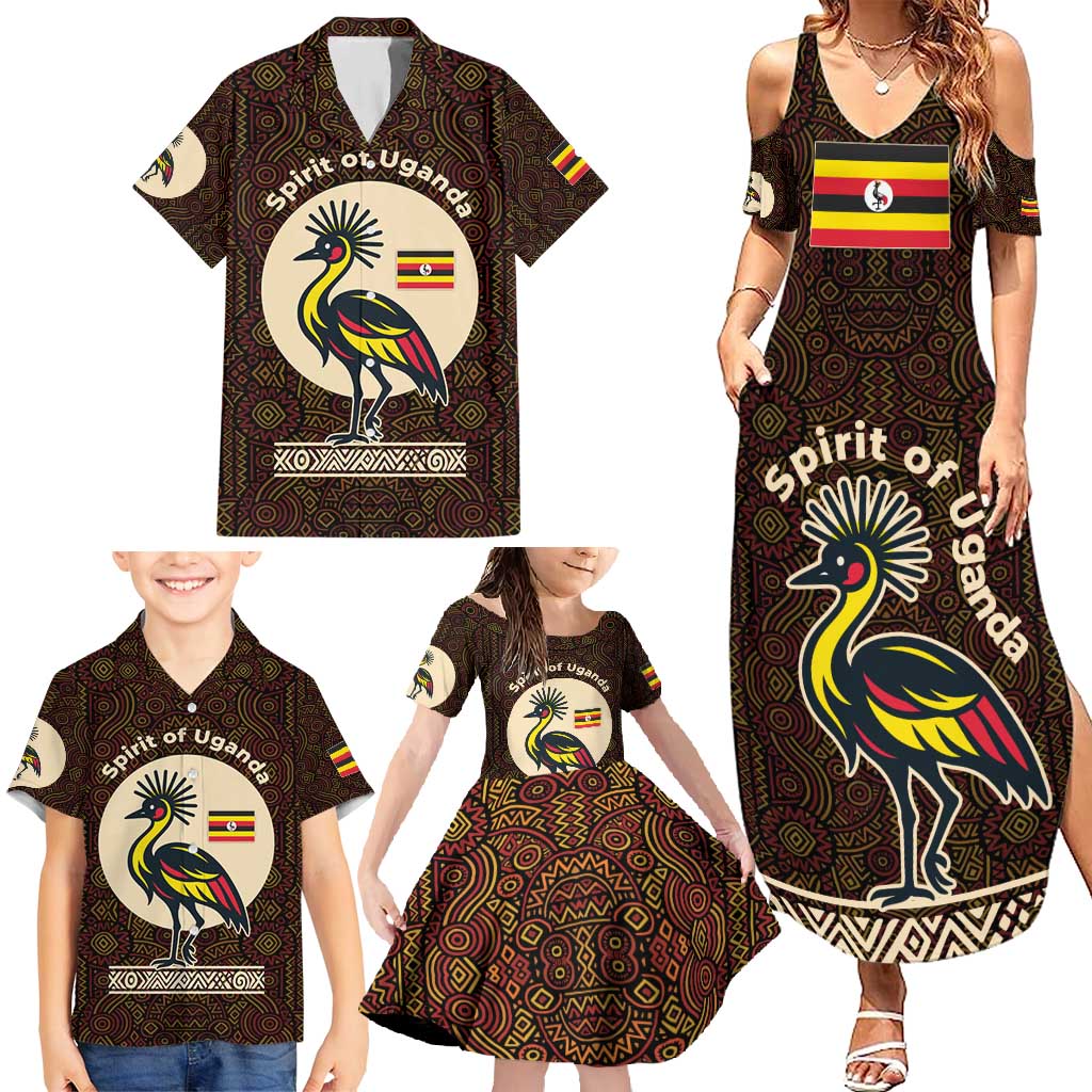 Uganda Family Matching Summer Maxi Dress and Hawaiian Shirt with Grey Crowned Crane and Tribal Pattern Spirit of Uganda Theme