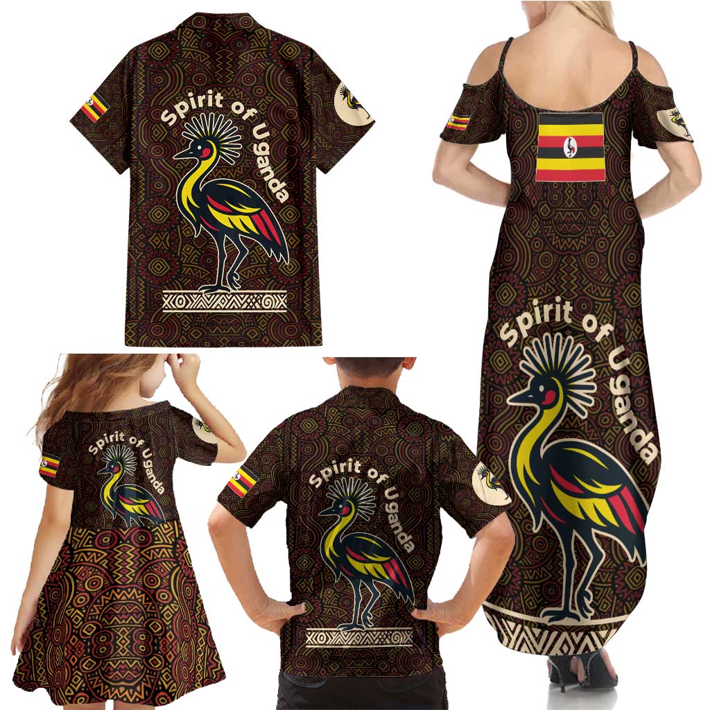 Uganda Family Matching Summer Maxi Dress and Hawaiian Shirt with Grey Crowned Crane and Tribal Pattern Spirit of Uganda Theme
