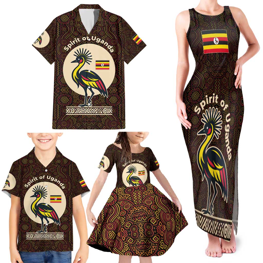Uganda Family Matching Tank Maxi Dress and Hawaiian Shirt with Grey Crowned Crane and Tribal Pattern Spirit of Uganda Theme