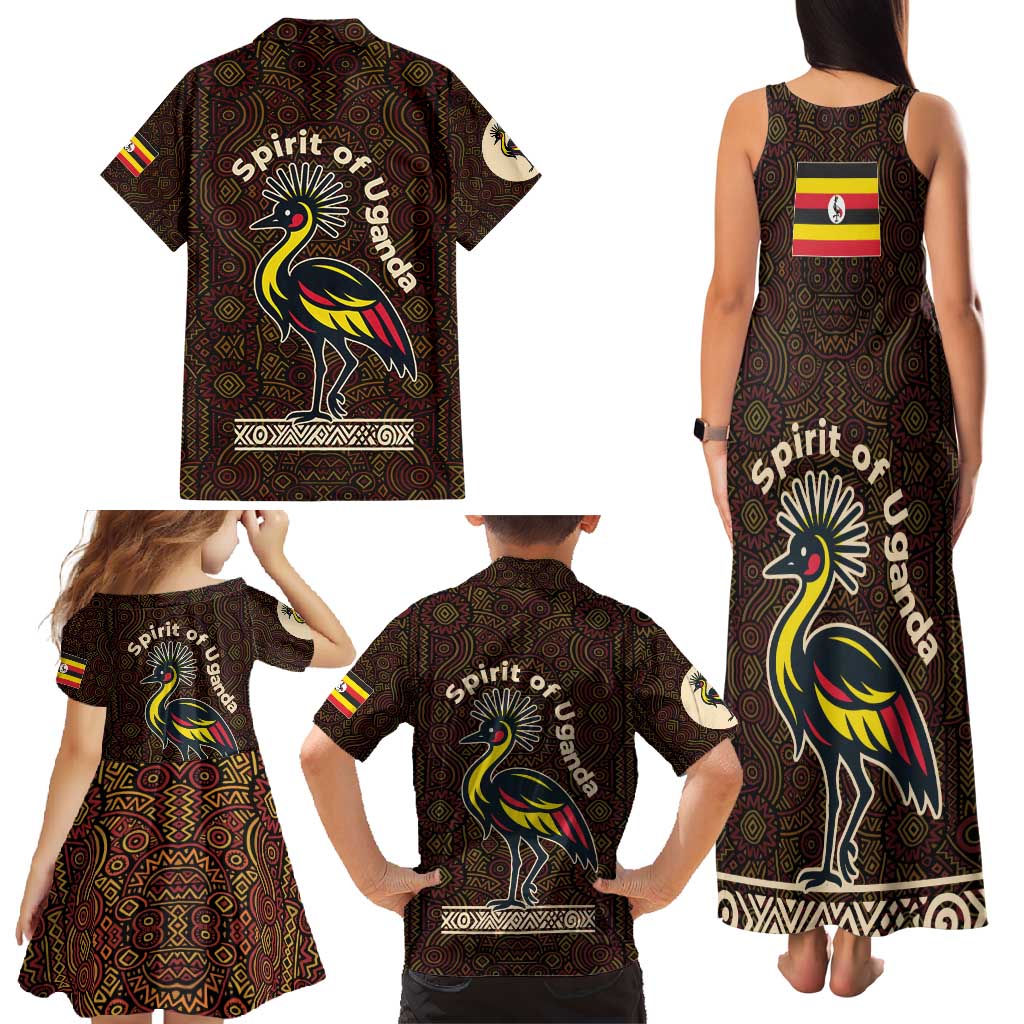 Uganda Family Matching Tank Maxi Dress and Hawaiian Shirt with Grey Crowned Crane and Tribal Pattern Spirit of Uganda Theme
