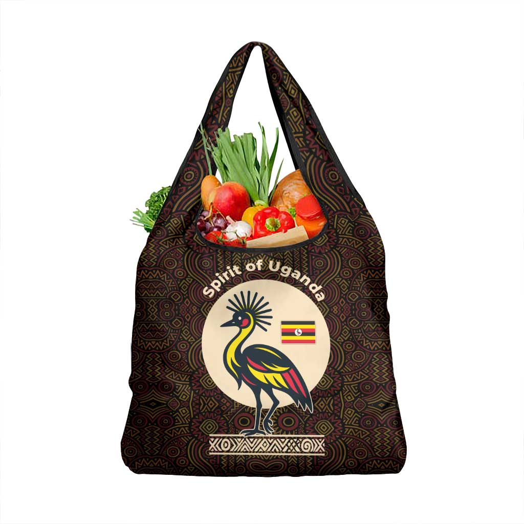 Uganda Grocery Bag with Grey Crowned Crane and Tribal Pattern Spirit of Uganda Theme