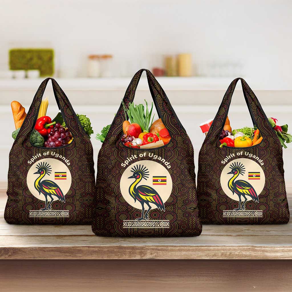 Uganda Grocery Bag with Grey Crowned Crane and Tribal Pattern Spirit of Uganda Theme