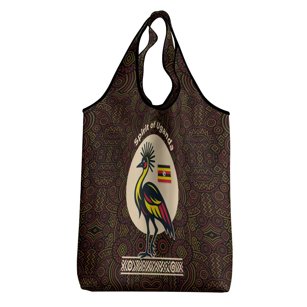 Uganda Grocery Bag with Grey Crowned Crane and Tribal Pattern Spirit of Uganda Theme