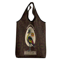 Uganda Grocery Bag with Grey Crowned Crane and Tribal Pattern Spirit of Uganda Theme