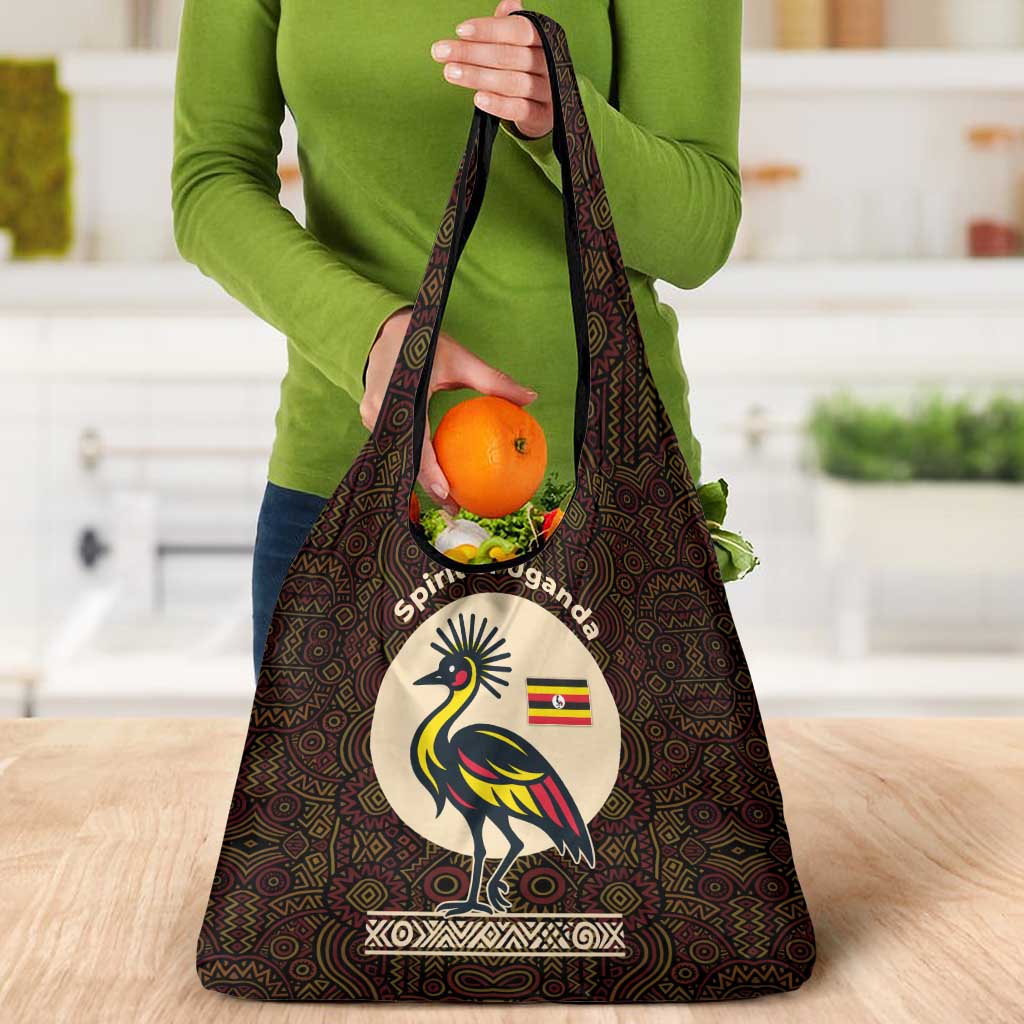 Uganda Grocery Bag with Grey Crowned Crane and Tribal Pattern Spirit of Uganda Theme