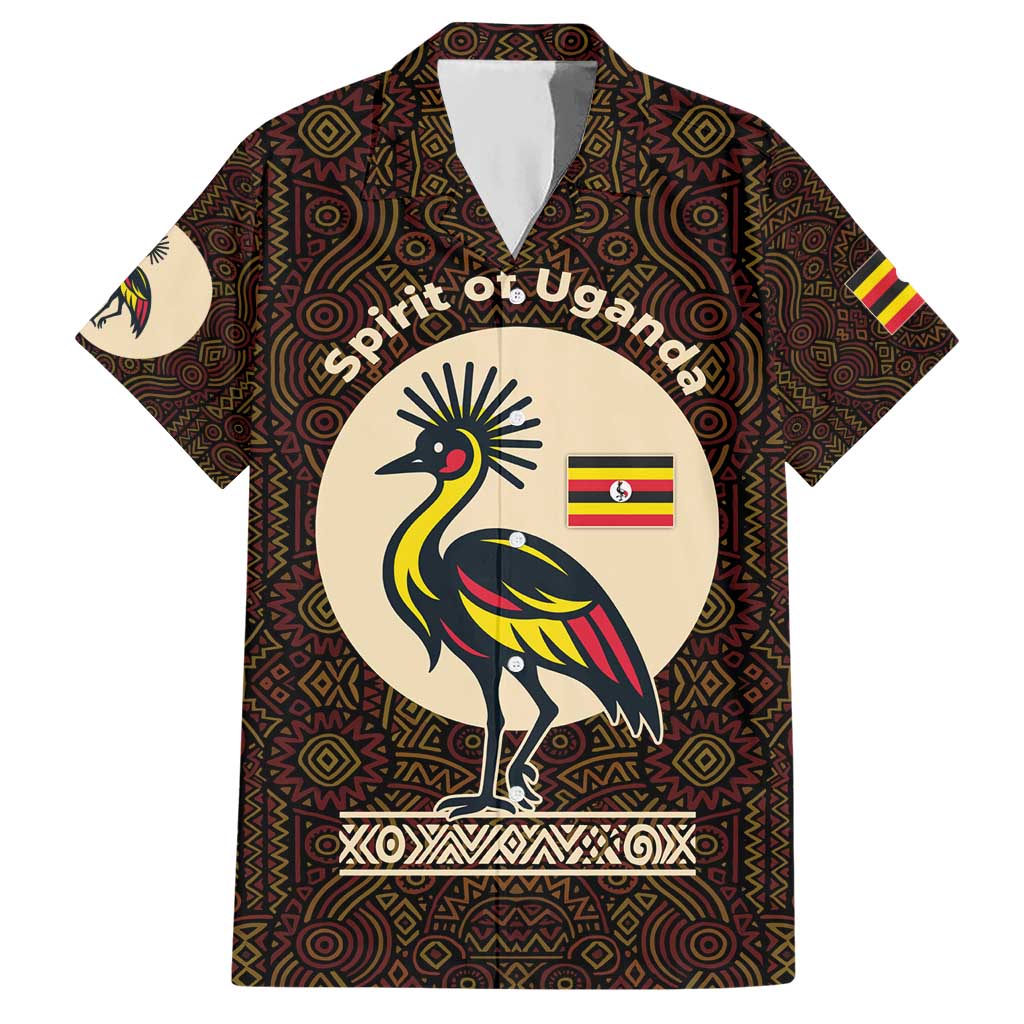 Uganda Hawaiian Shirt with Grey Crowned Crane and Tribal Pattern Spirit of Uganda Theme