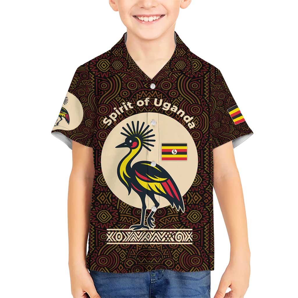 Uganda Hawaiian Shirt with Grey Crowned Crane and Tribal Pattern Spirit of Uganda Theme