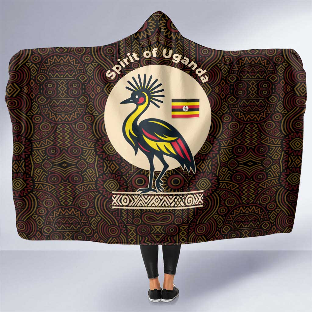 Uganda Hooded Blanket with Grey Crowned Crane and Tribal Pattern Spirit of Uganda Theme