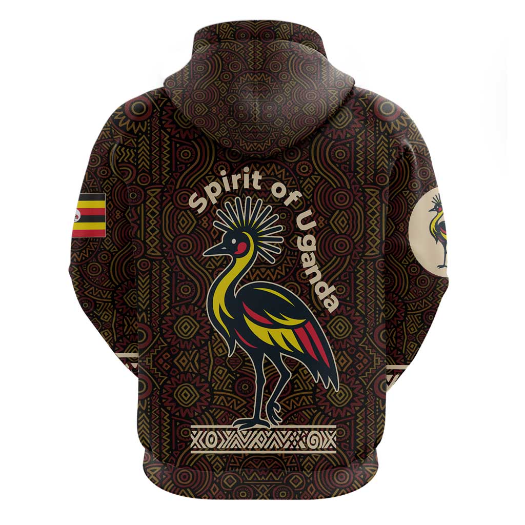 Uganda Hoodie with Grey Crowned Crane and Tribal Pattern Spirit of Uganda Theme