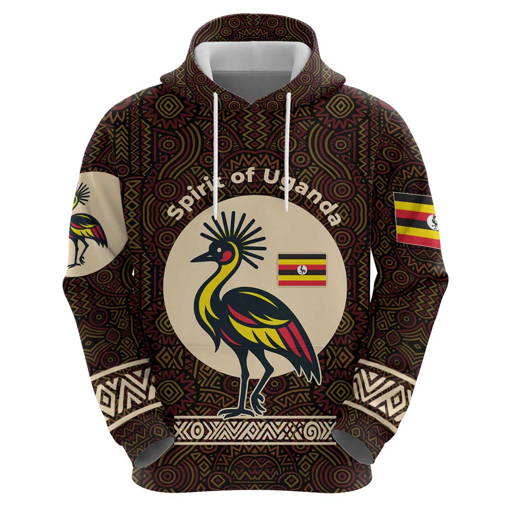 Uganda Hoodie with Grey Crowned Crane and Tribal Pattern Spirit of Uganda Theme
