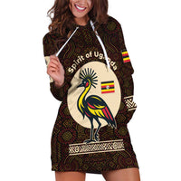 Uganda Hoodie Dress with Grey Crowned Crane and Tribal Pattern Spirit of Uganda Theme