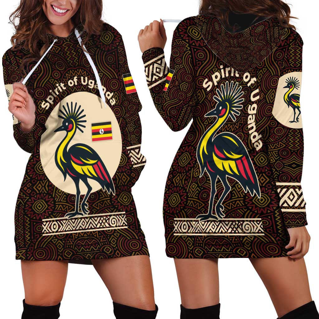 Uganda Hoodie Dress with Grey Crowned Crane and Tribal Pattern Spirit of Uganda Theme