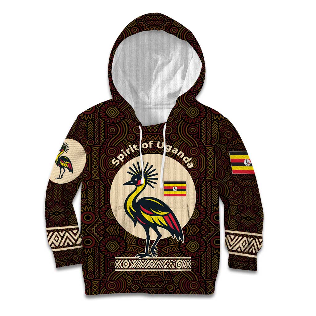Uganda Kid Hoodie with Grey Crowned Crane and Tribal Pattern Spirit of Uganda Theme
