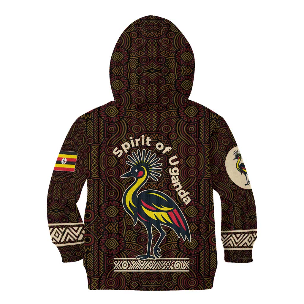 Uganda Kid Hoodie with Grey Crowned Crane and Tribal Pattern Spirit of Uganda Theme