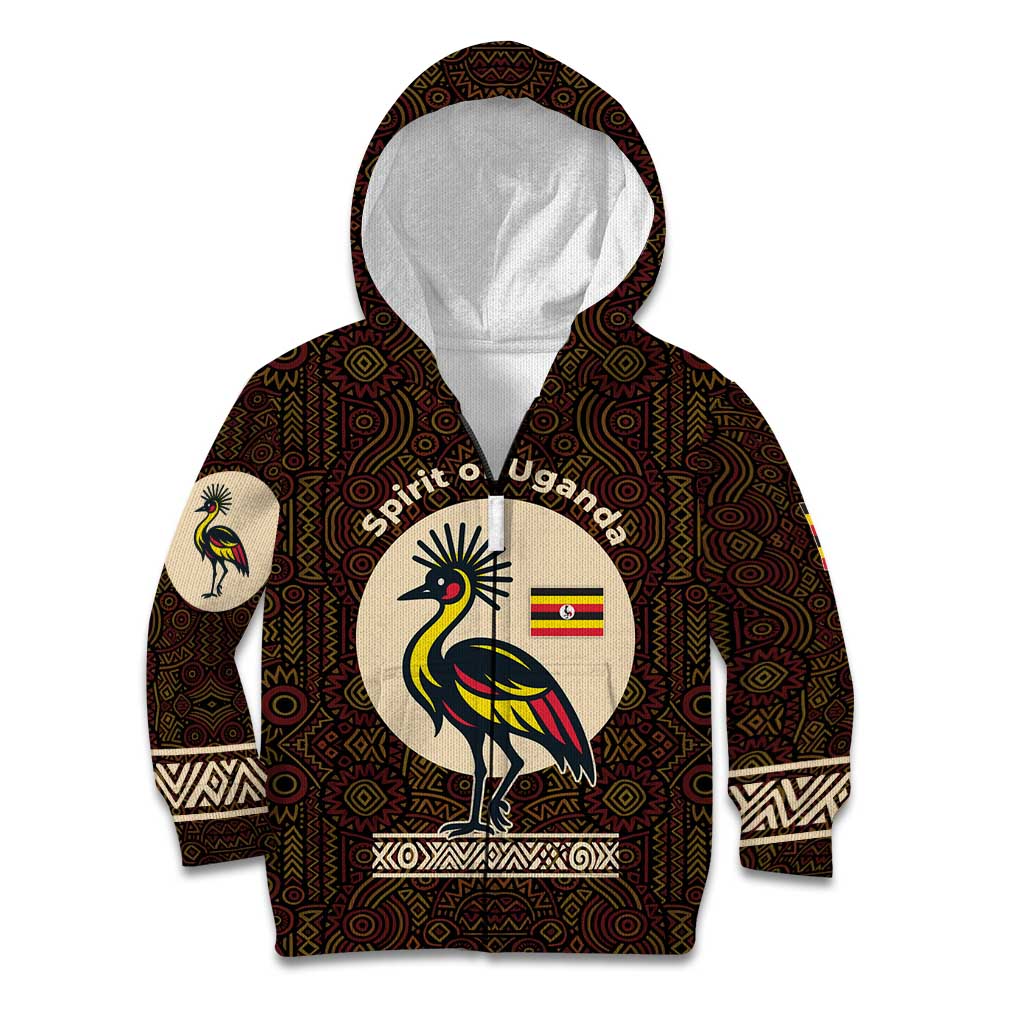 Uganda Kid Hoodie with Grey Crowned Crane and Tribal Pattern Spirit of Uganda Theme