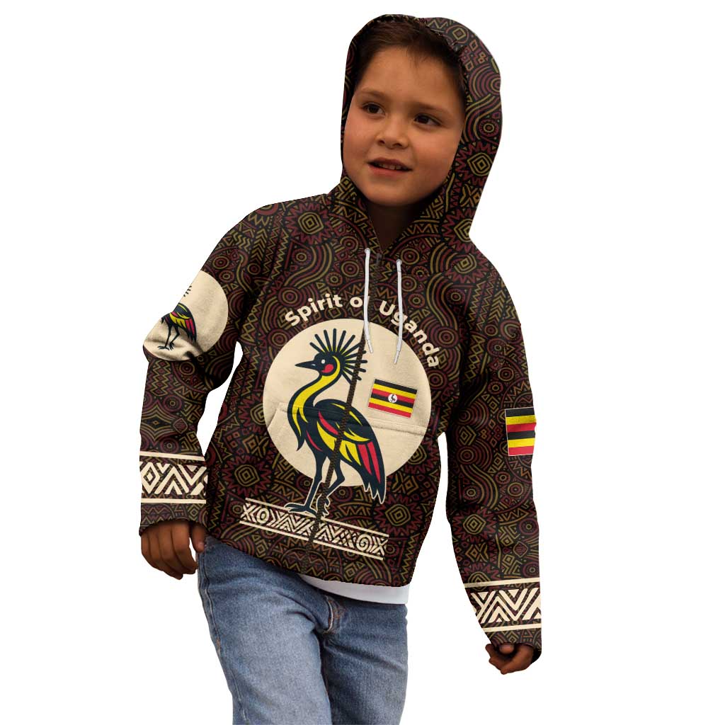 Uganda Kid Hoodie with Grey Crowned Crane and Tribal Pattern Spirit of Uganda Theme