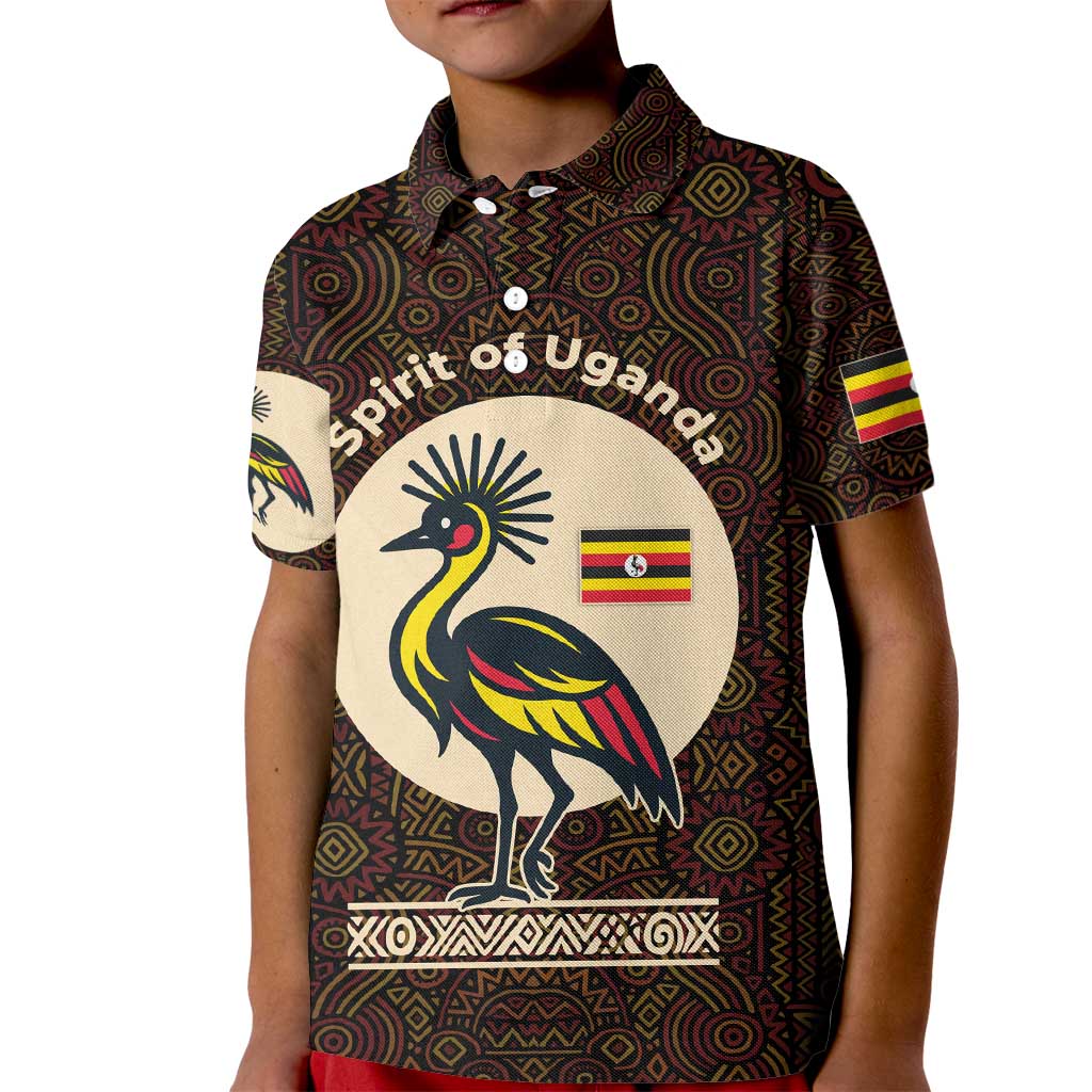 Uganda Kid Polo Shirt with Grey Crowned Crane and Tribal Pattern Spirit of Uganda Theme