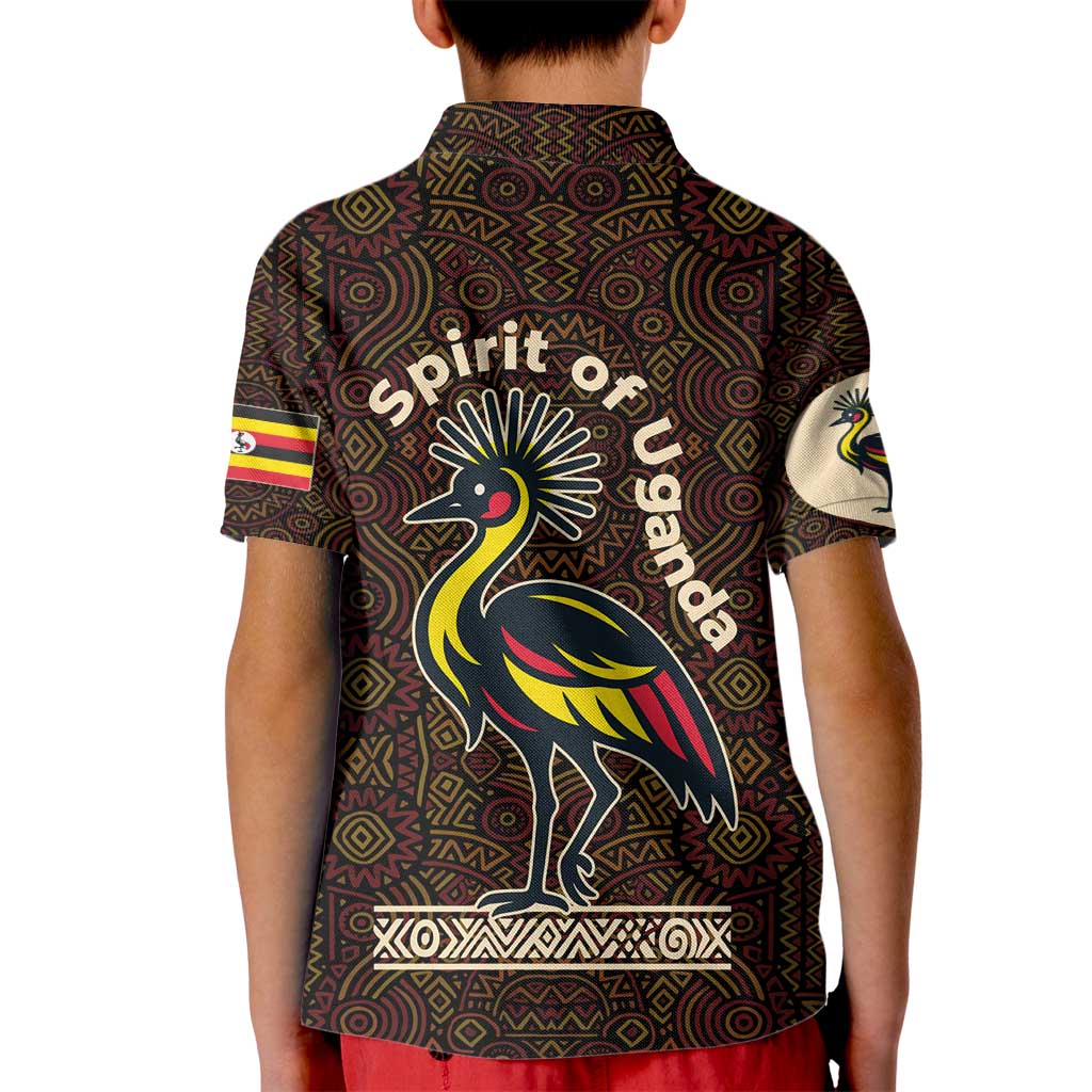 Uganda Kid Polo Shirt with Grey Crowned Crane and Tribal Pattern Spirit of Uganda Theme