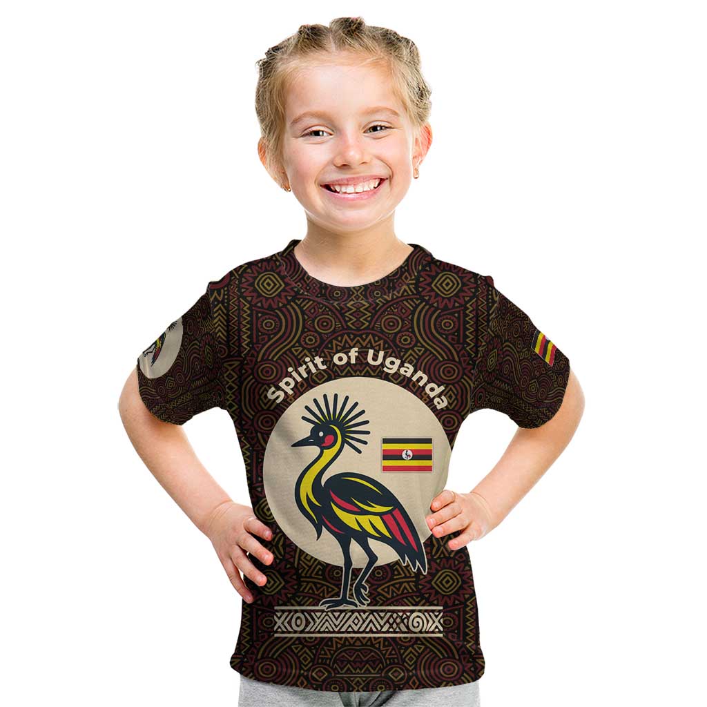 Uganda Kid T Shirt with Grey Crowned Crane and Tribal Pattern Spirit of Uganda Theme