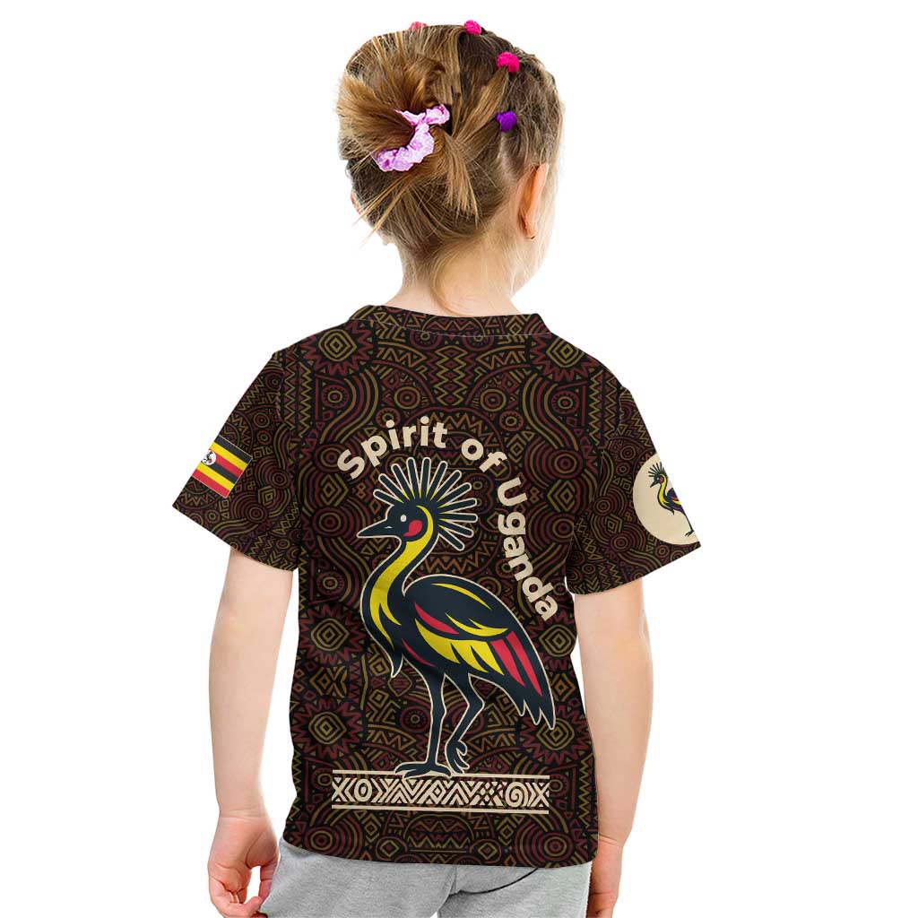 Uganda Kid T Shirt with Grey Crowned Crane and Tribal Pattern Spirit of Uganda Theme