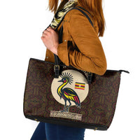 Uganda Leather Tote Bag with Grey Crowned Crane and Tribal Pattern Spirit of Uganda Theme