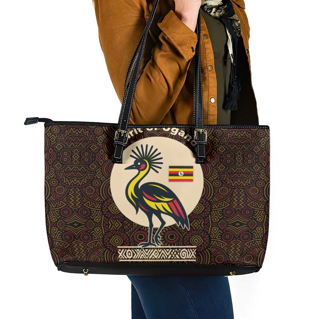 Uganda Leather Tote Bag with Grey Crowned Crane and Tribal Pattern Spirit of Uganda Theme