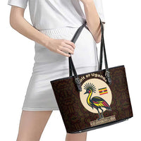 Uganda Leather Tote Bag with Grey Crowned Crane and Tribal Pattern Spirit of Uganda Theme