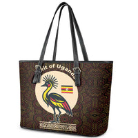 Uganda Leather Tote Bag with Grey Crowned Crane and Tribal Pattern Spirit of Uganda Theme