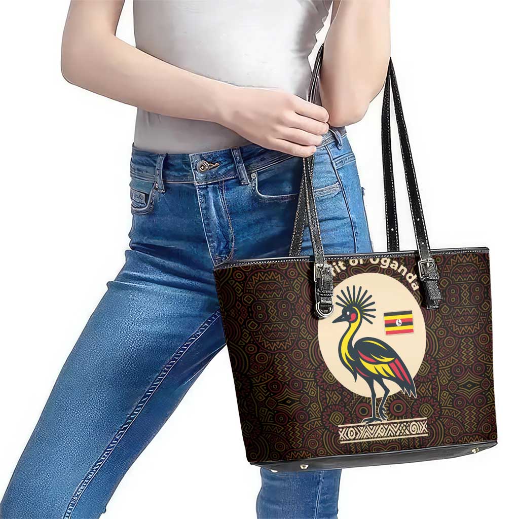 Uganda Leather Tote Bag with Grey Crowned Crane and Tribal Pattern Spirit of Uganda Theme