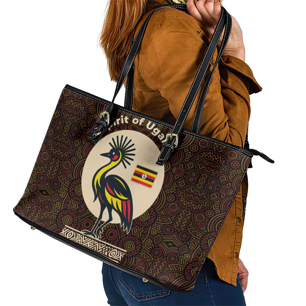 Uganda Leather Tote Bag with Grey Crowned Crane and Tribal Pattern Spirit of Uganda Theme
