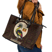 Uganda Leather Tote Bag with Grey Crowned Crane and Tribal Pattern Spirit of Uganda Theme
