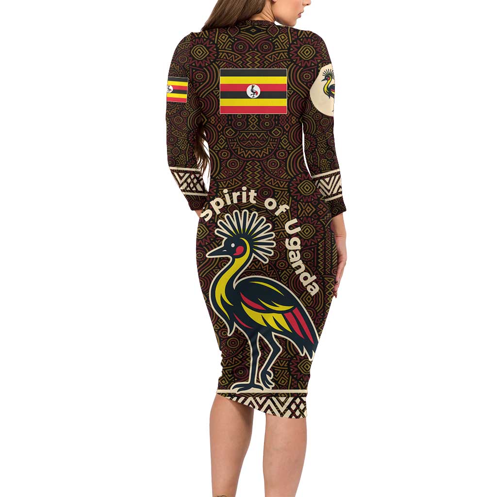Uganda Long Sleeve Bodycon Dress with Grey Crowned Crane and Tribal Pattern Spirit of Uganda Theme
