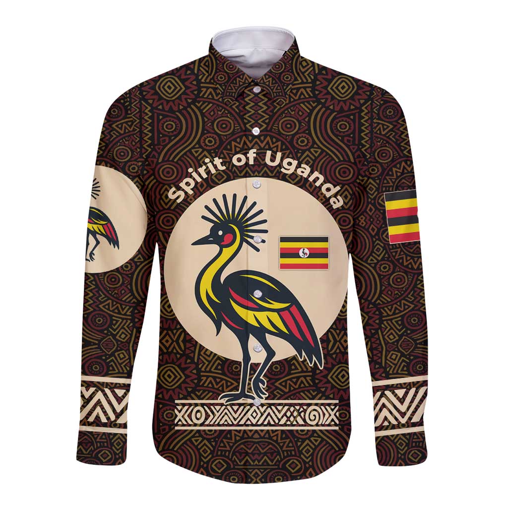 Uganda Long Sleeve Button Shirt with Grey Crowned Crane and Tribal Pattern Spirit of Uganda Theme