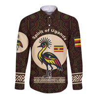 Uganda Long Sleeve Button Shirt with Grey Crowned Crane and Tribal Pattern Spirit of Uganda Theme