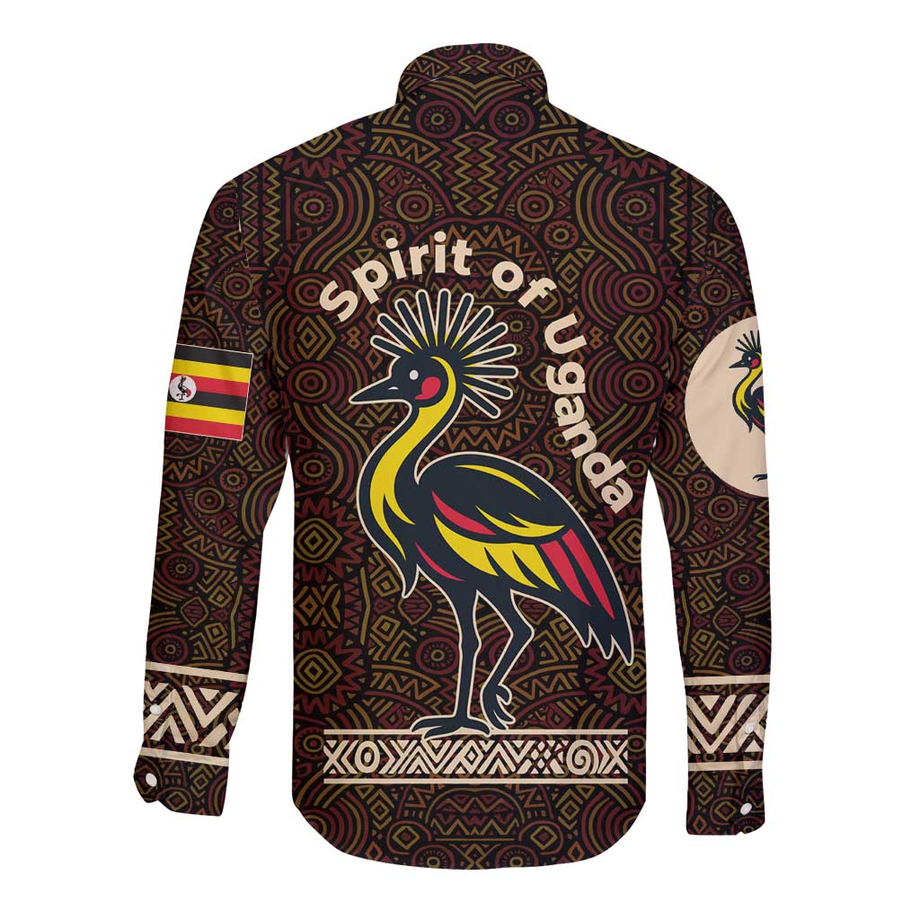Uganda Long Sleeve Button Shirt with Grey Crowned Crane and Tribal Pattern Spirit of Uganda Theme