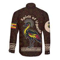 Uganda Long Sleeve Button Shirt with Grey Crowned Crane and Tribal Pattern Spirit of Uganda Theme