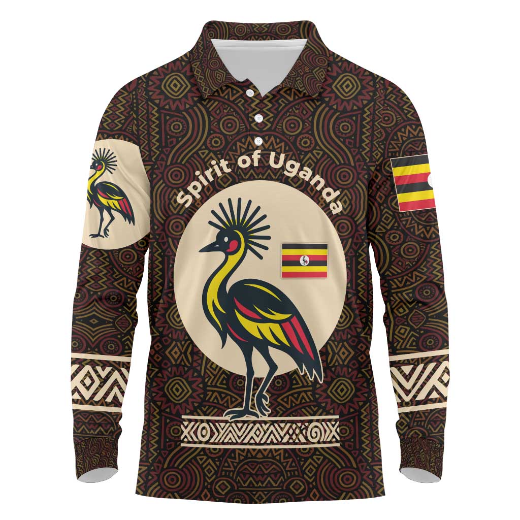 Uganda Long Sleeve Polo Shirt with Grey Crowned Crane and Tribal Pattern Spirit of Uganda Theme