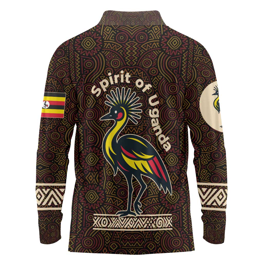 Uganda Long Sleeve Polo Shirt with Grey Crowned Crane and Tribal Pattern Spirit of Uganda Theme