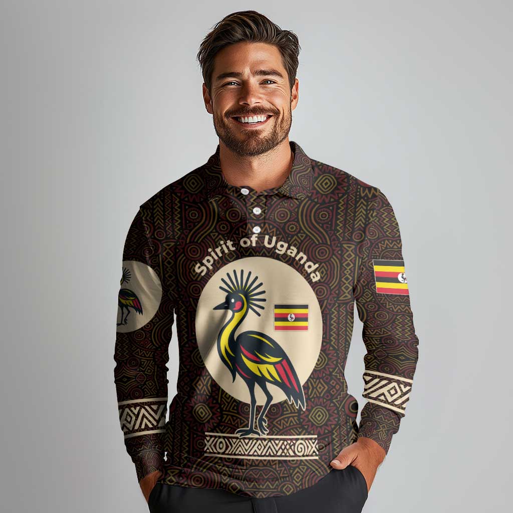 Uganda Long Sleeve Polo Shirt with Grey Crowned Crane and Tribal Pattern Spirit of Uganda Theme