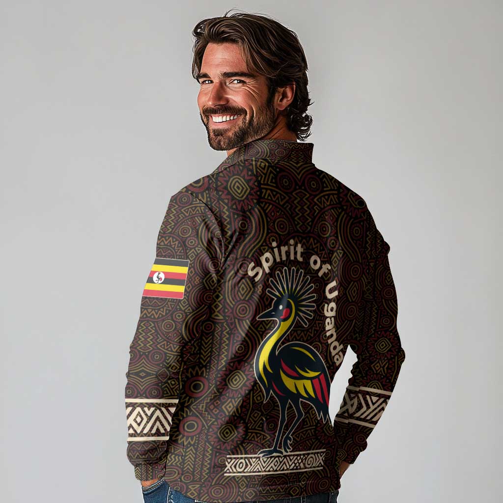 Uganda Long Sleeve Polo Shirt with Grey Crowned Crane and Tribal Pattern Spirit of Uganda Theme
