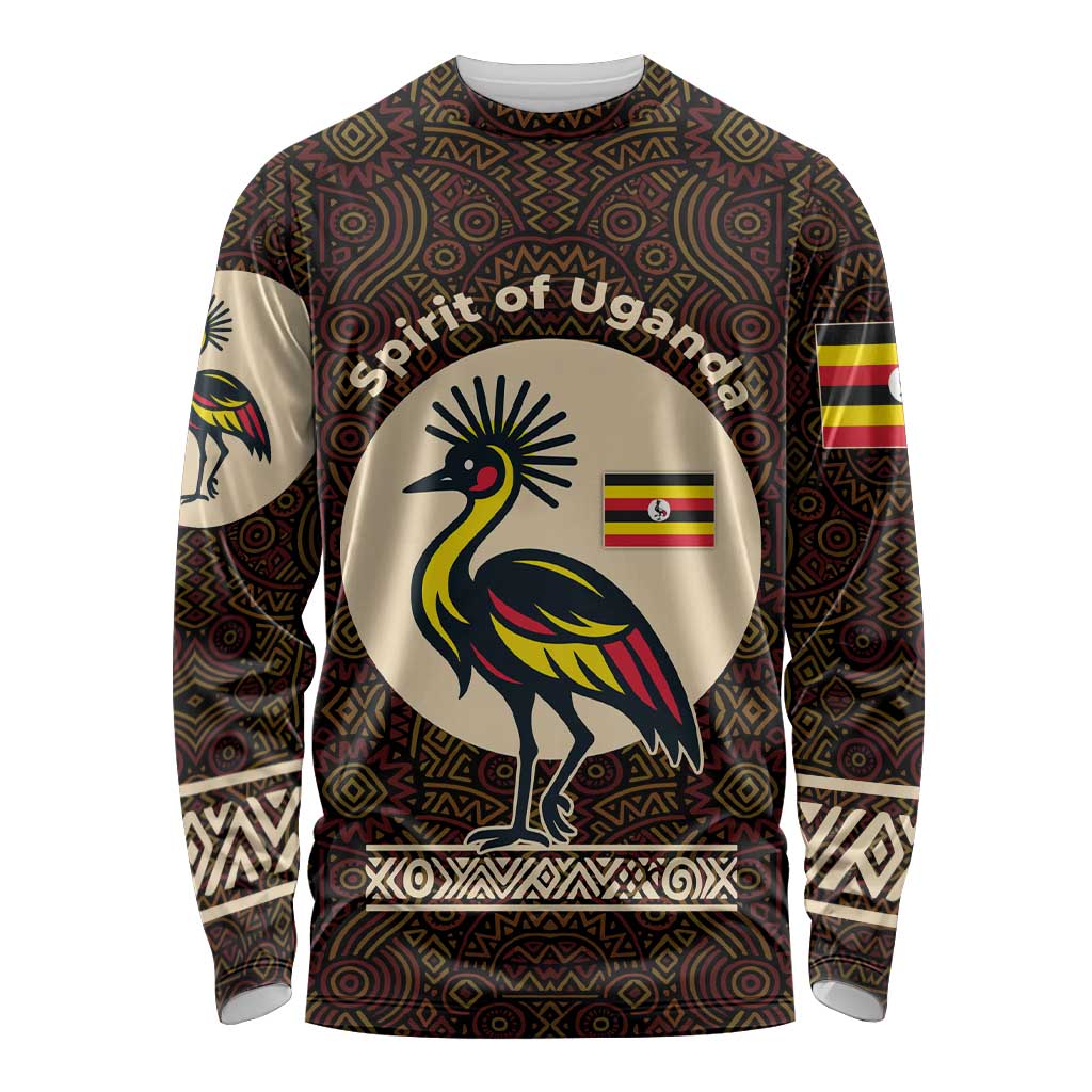 Uganda Long Sleeve Shirt with Grey Crowned Crane and Tribal Pattern Spirit of Uganda Theme