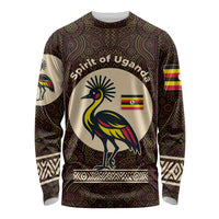 Uganda Long Sleeve Shirt with Grey Crowned Crane and Tribal Pattern Spirit of Uganda Theme