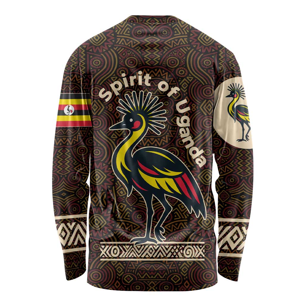 Uganda Long Sleeve Shirt with Grey Crowned Crane and Tribal Pattern Spirit of Uganda Theme