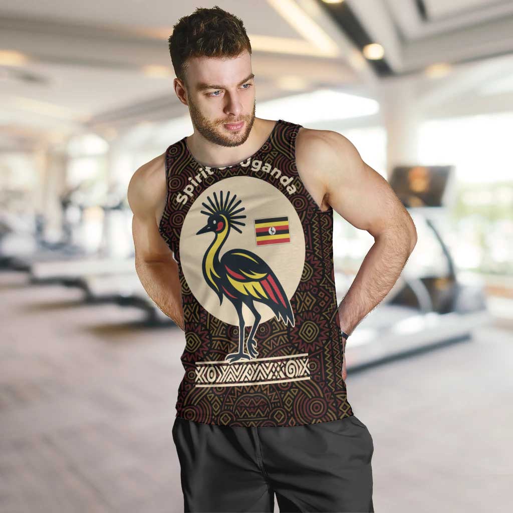 Uganda Men Tank Top with Grey Crowned Crane and Tribal Pattern Spirit of Uganda Theme