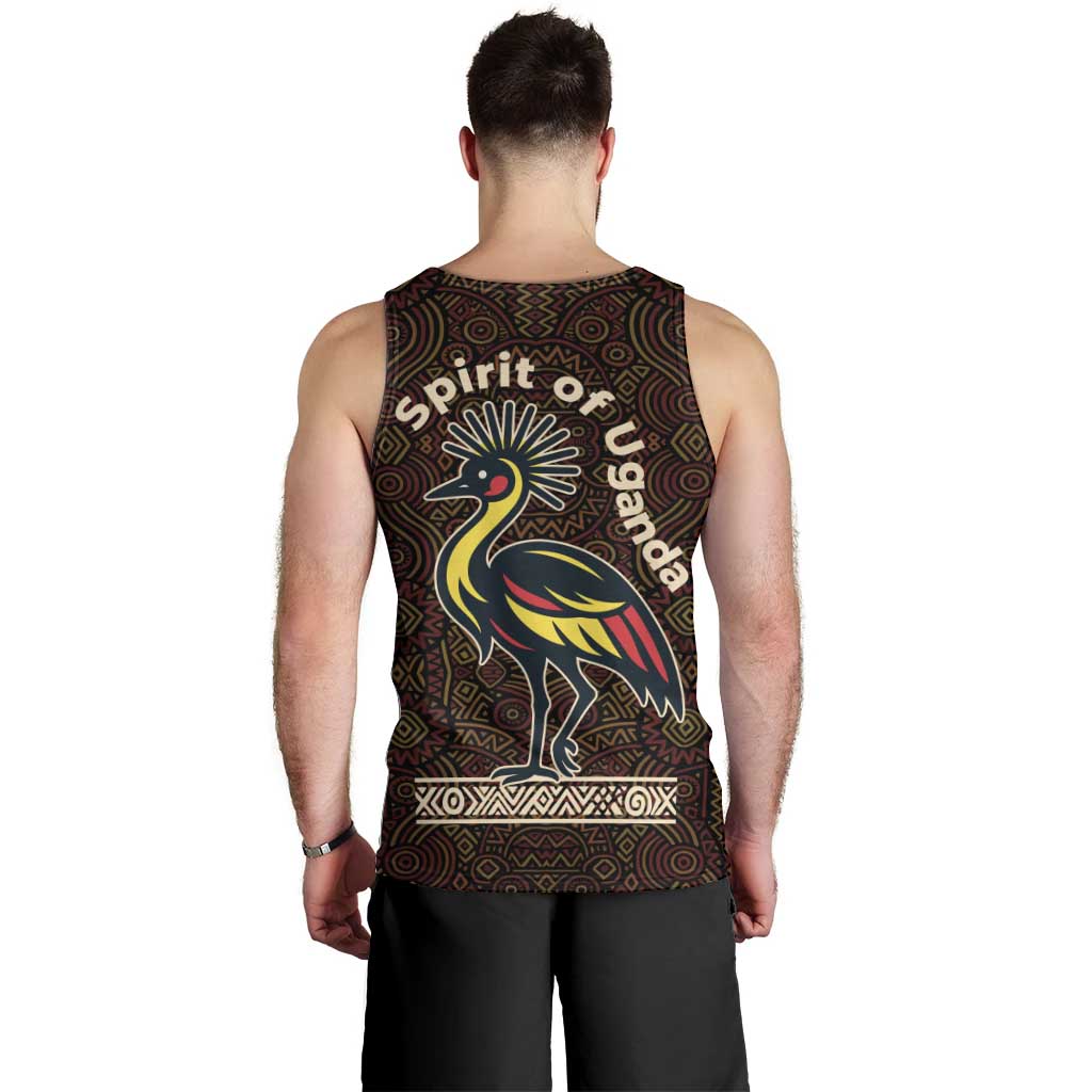 Uganda Men Tank Top with Grey Crowned Crane and Tribal Pattern Spirit of Uganda Theme