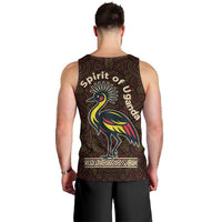 Uganda Men Tank Top with Grey Crowned Crane and Tribal Pattern Spirit of Uganda Theme