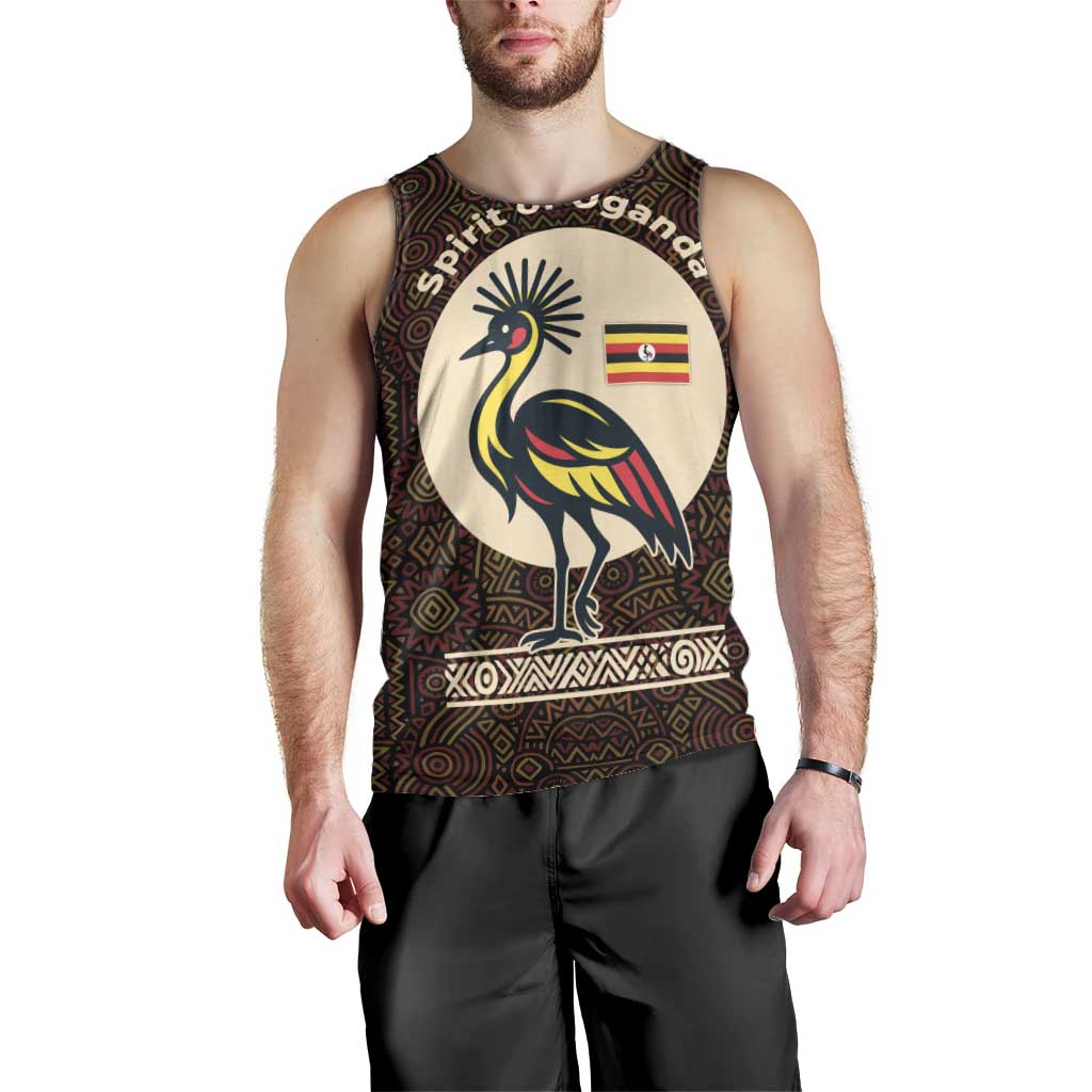 Uganda Men Tank Top with Grey Crowned Crane and Tribal Pattern Spirit of Uganda Theme