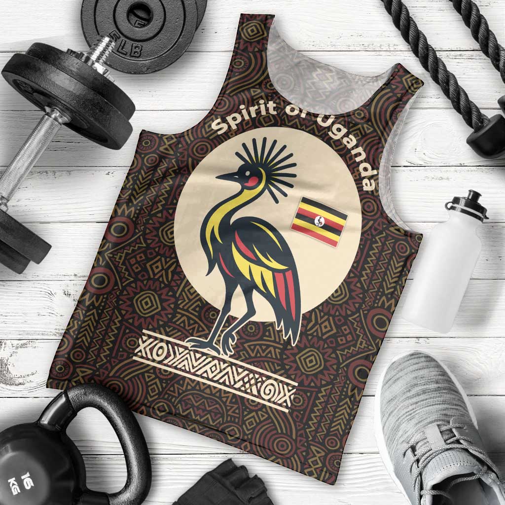 Uganda Men Tank Top with Grey Crowned Crane and Tribal Pattern Spirit of Uganda Theme